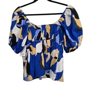 Nine West Puff Sleeve Babydoll Top M Blue Abstract Boho Coastal Chic Flowy